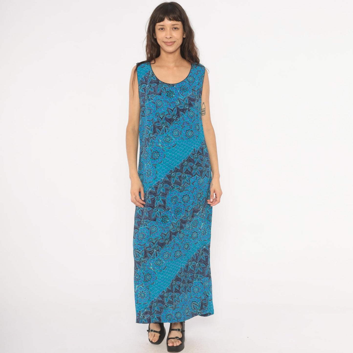 90s Sarah Elizabeth Batik Floral Maxi Dress Teal Navy Scoop Neck Tank Extra Large XL
