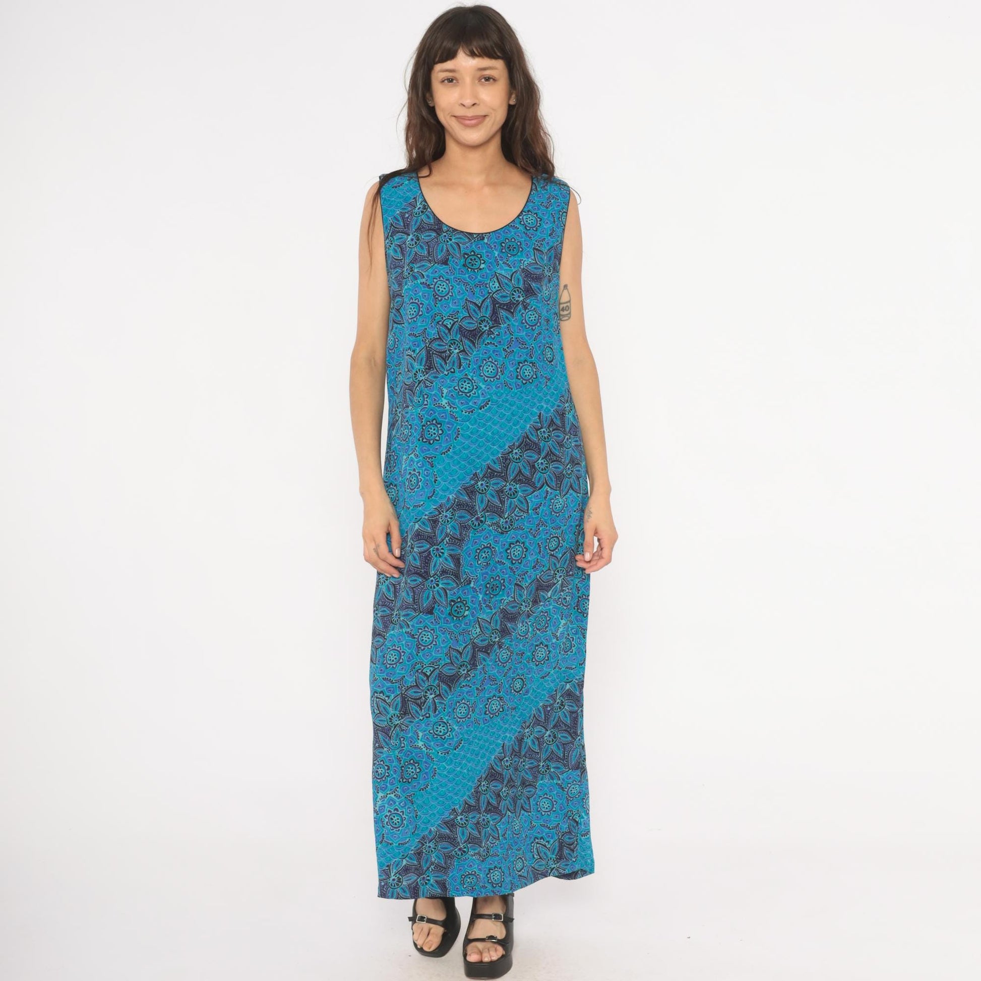 90s Sarah Elizabeth Batik Floral Maxi Dress Teal Navy Scoop Neck Tank Extra Large XL