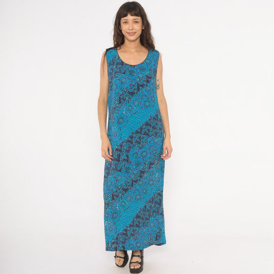 90s Sarah Elizabeth Batik Floral Maxi Dress Teal Navy Scoop Neck Tank Extra Large XL
