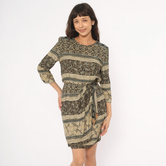 90s RJ Stevens Mini Dress Paisley Floral Stripe Black Tan Olive Medium M