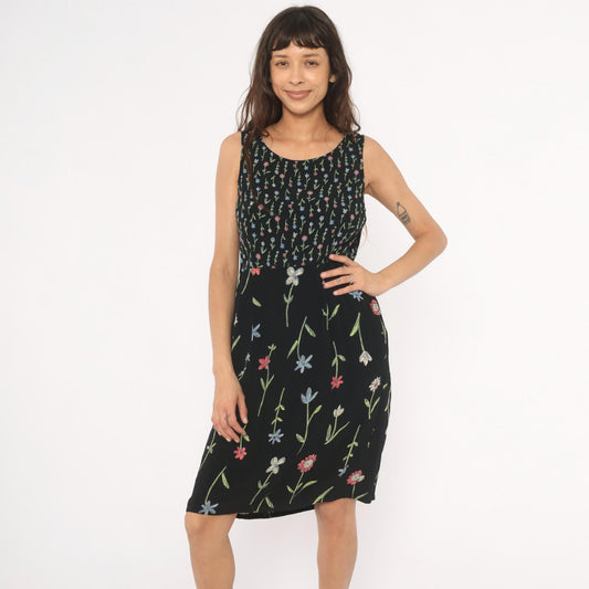 90s Putumayo Black Floral Sundress Knee Length Wildflower Embroidered Medium M