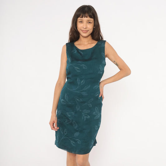 90s Norton Teal Leaf Print Sleeveless Sheath Dress Knee Length Large L