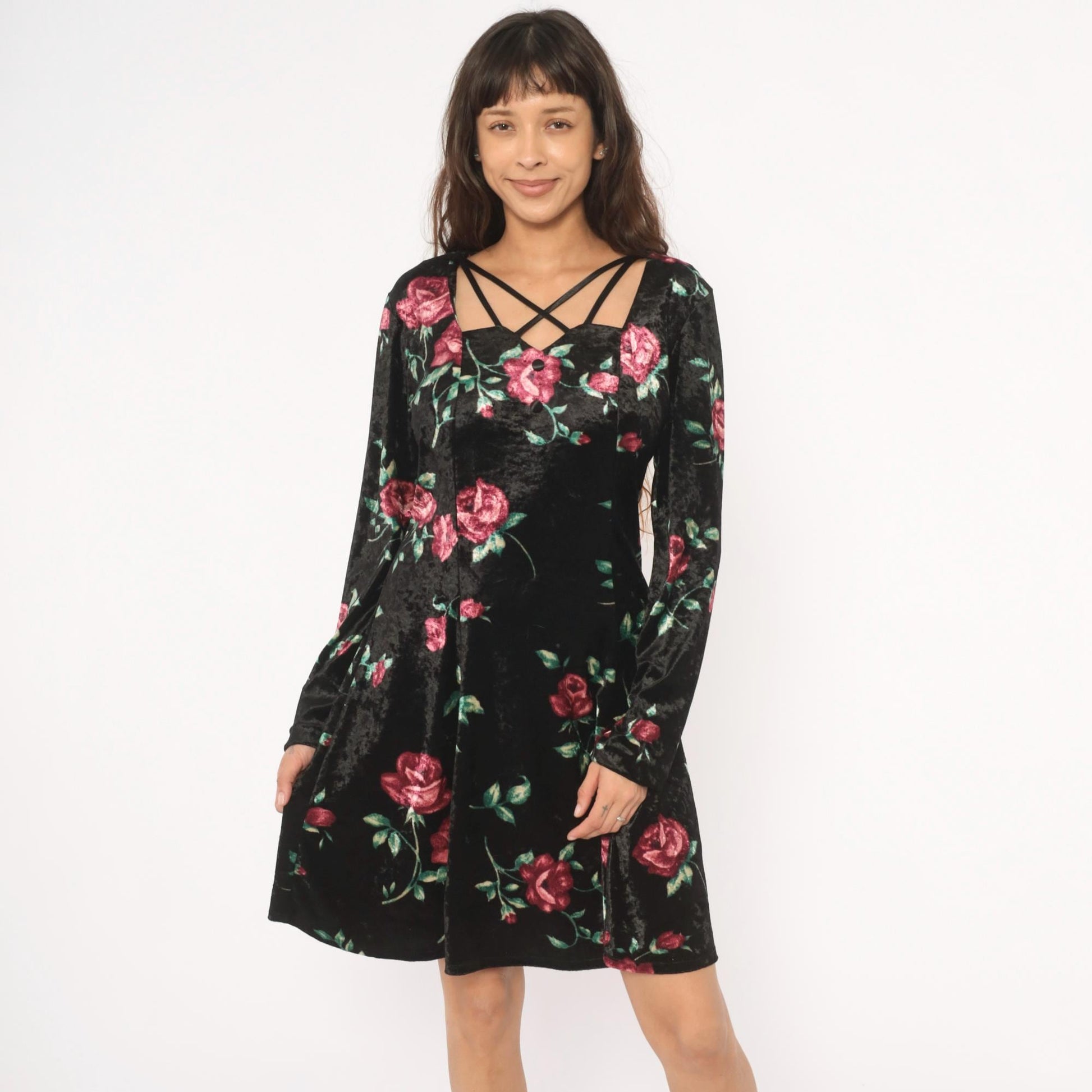 90s Jamie Brooke Velvet Mini Dress Black Rose Floral Square Neckline Large L