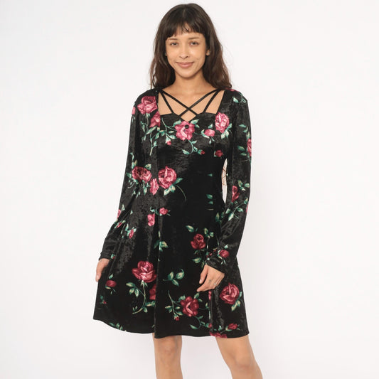 90s Jamie Brooke Velvet Mini Dress Black Rose Floral Square Neckline Large L