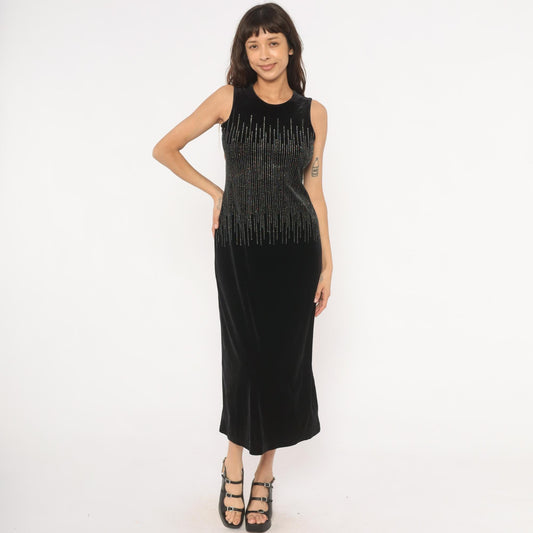 90s Ronni Nicole Black Velvet Midi Dress Silver Beaded Small S