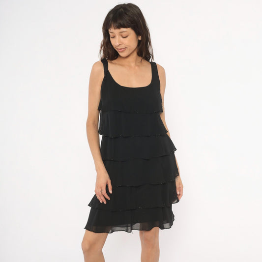 90s Patra Black Chiffon Tiered Ruffle Mini Dress Beaded Trim Medium M