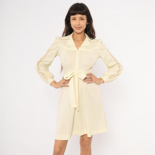 70s Cream Zip-Front Mini Dress Bishop Sleeve Crochet Lace Small S