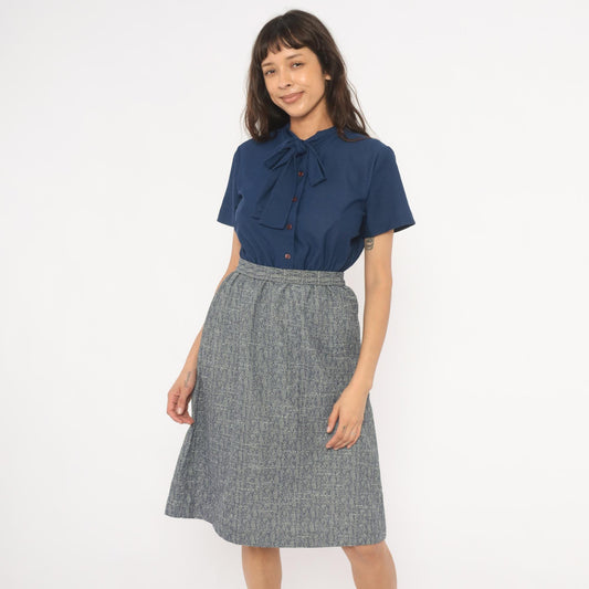 70s Sherri Lynn Navy Bow Tie Blouse Tweed A-Line Dress Knee Length Small