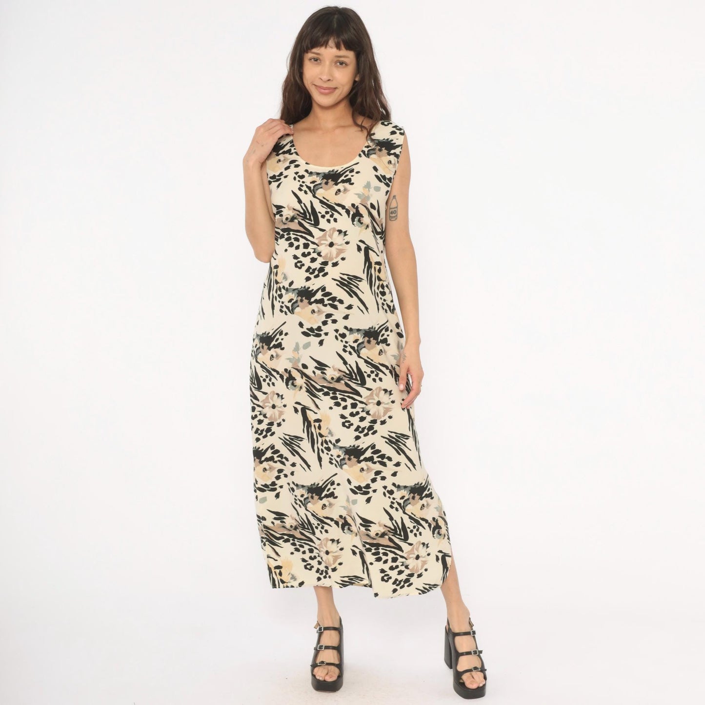 90s Ann Mali Maxi Dress Cream Black Animal Print Tie Back Large L
