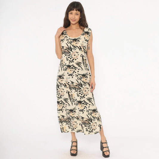 90s Ann Mali Maxi Dress Cream Black Animal Print Tie Back Large L