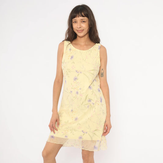 90s City Triangles Floral Chiffon A-Line Dress Yellow Lavender Small