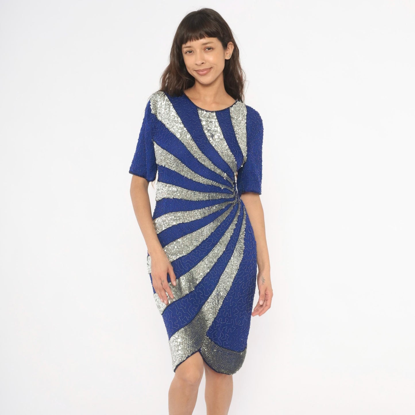 80s Stenay Cobalt Blue Silver Sequin Silk Cocktail Dress Keyhole Back Medium M