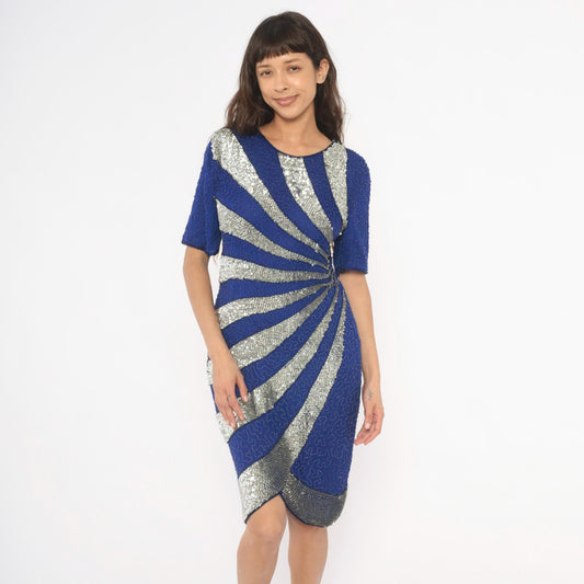 80s Stenay Cobalt Blue Silver Sequin Silk Cocktail Dress Keyhole Back Medium M