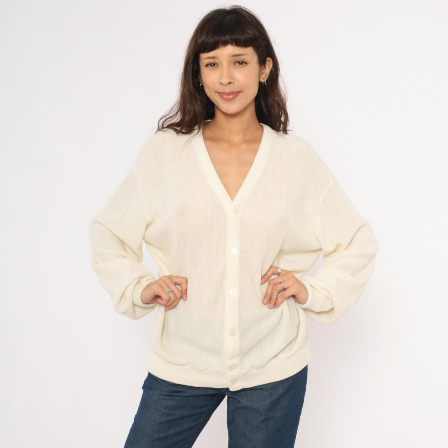 80s Jantzen Ivory Sheer Knit Cardigan V-Neck Button-Up Cream Large L