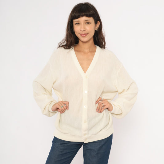 80s Jantzen Ivory Sheer Knit Cardigan V-Neck Button-Up Cream Large L