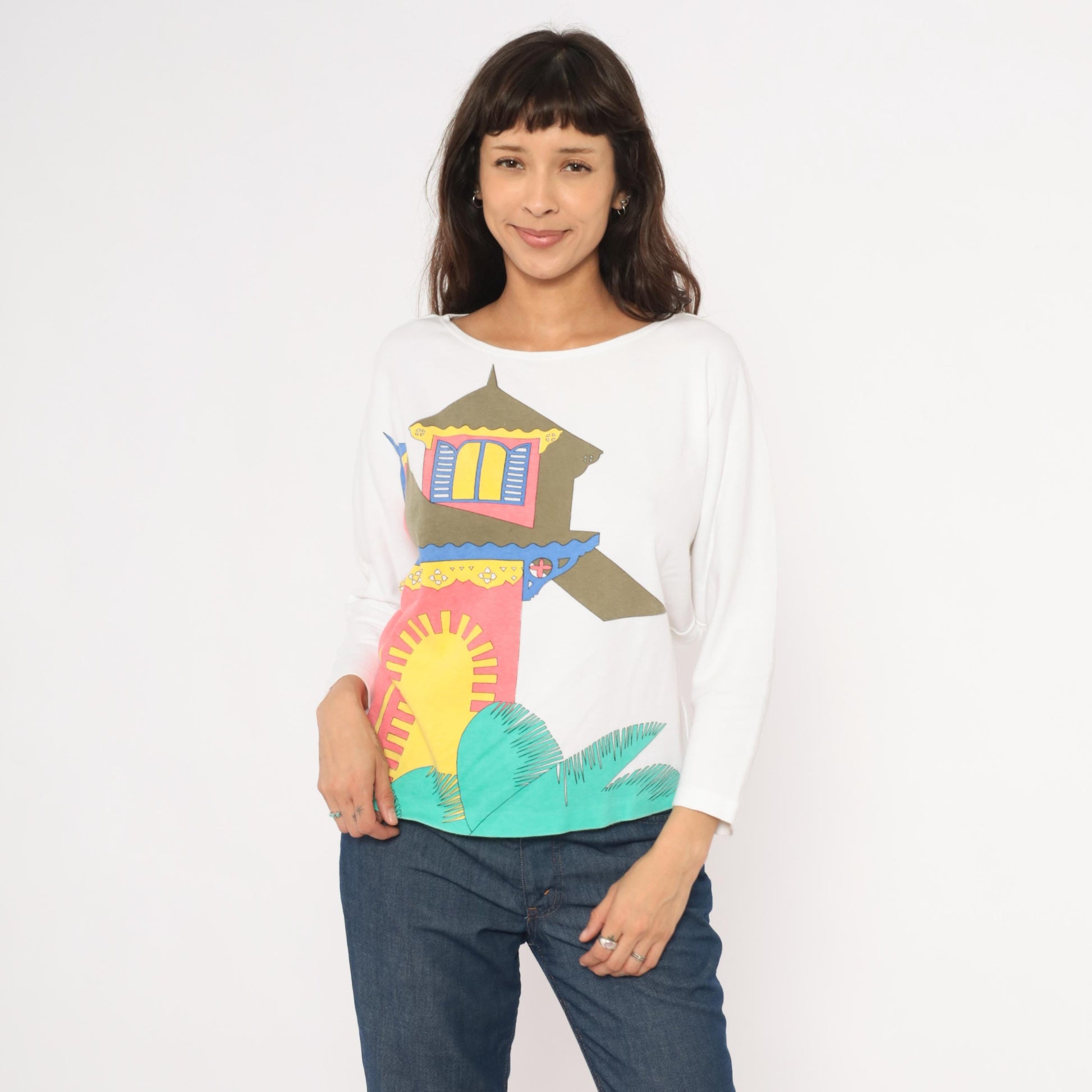 90s Tony Lambert Tropical House Cotton Graphic Tee Boat Neck Medium M