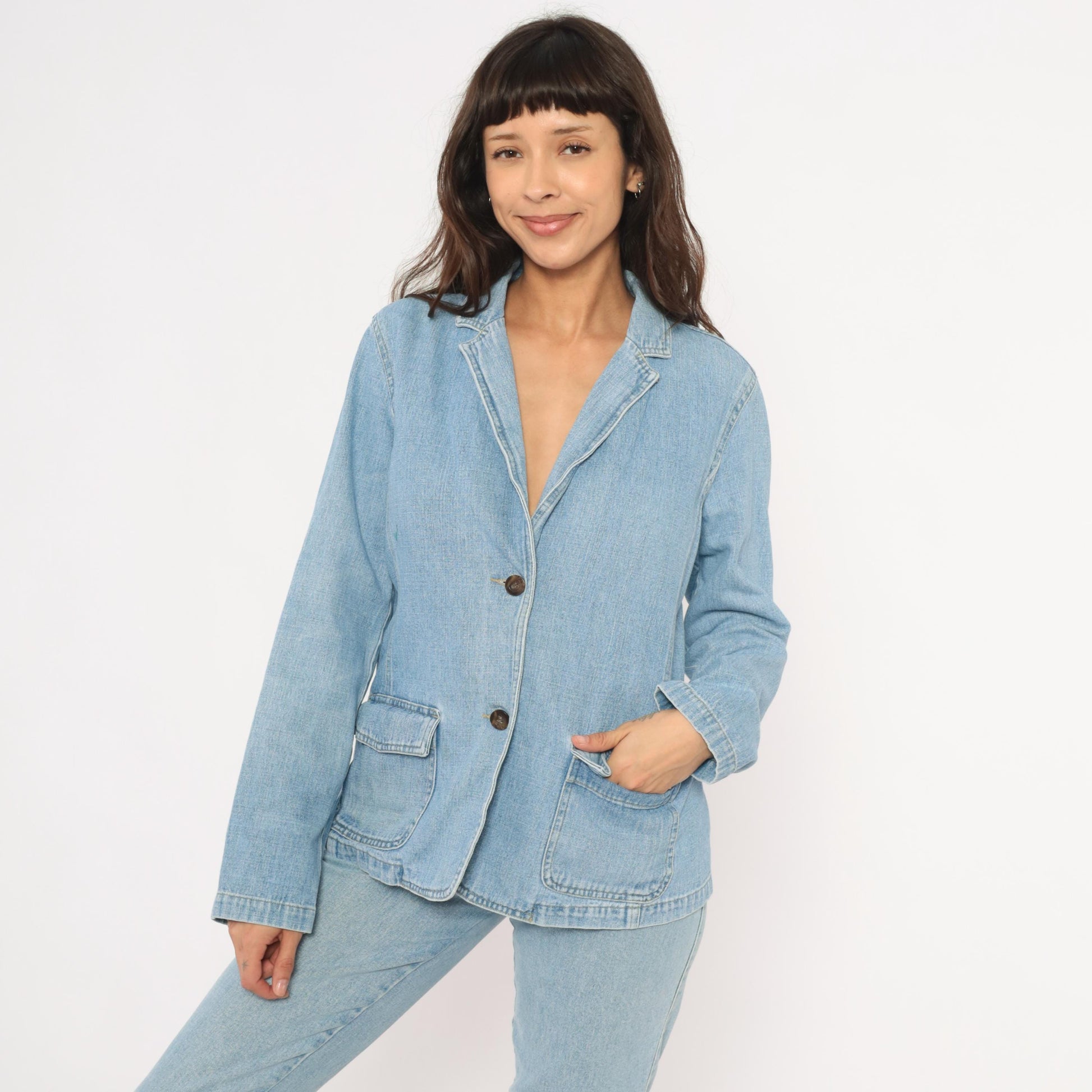 2000s Crazy Horse Light Wash Denim Blazer Notched Lapel Cotton Medium M