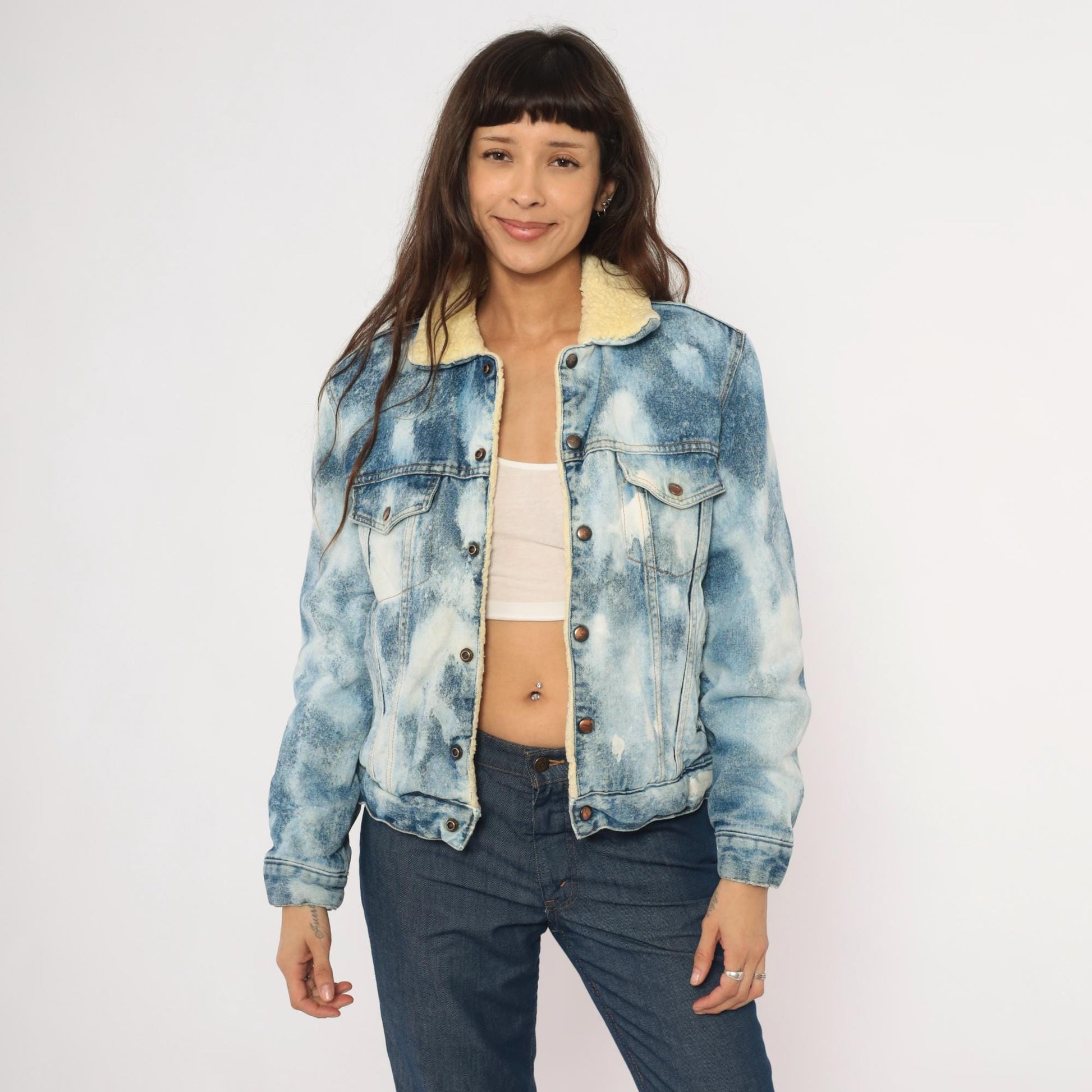 90s Silver Spur Western Acid Wash Denim Jacket Sherpa Lined Small