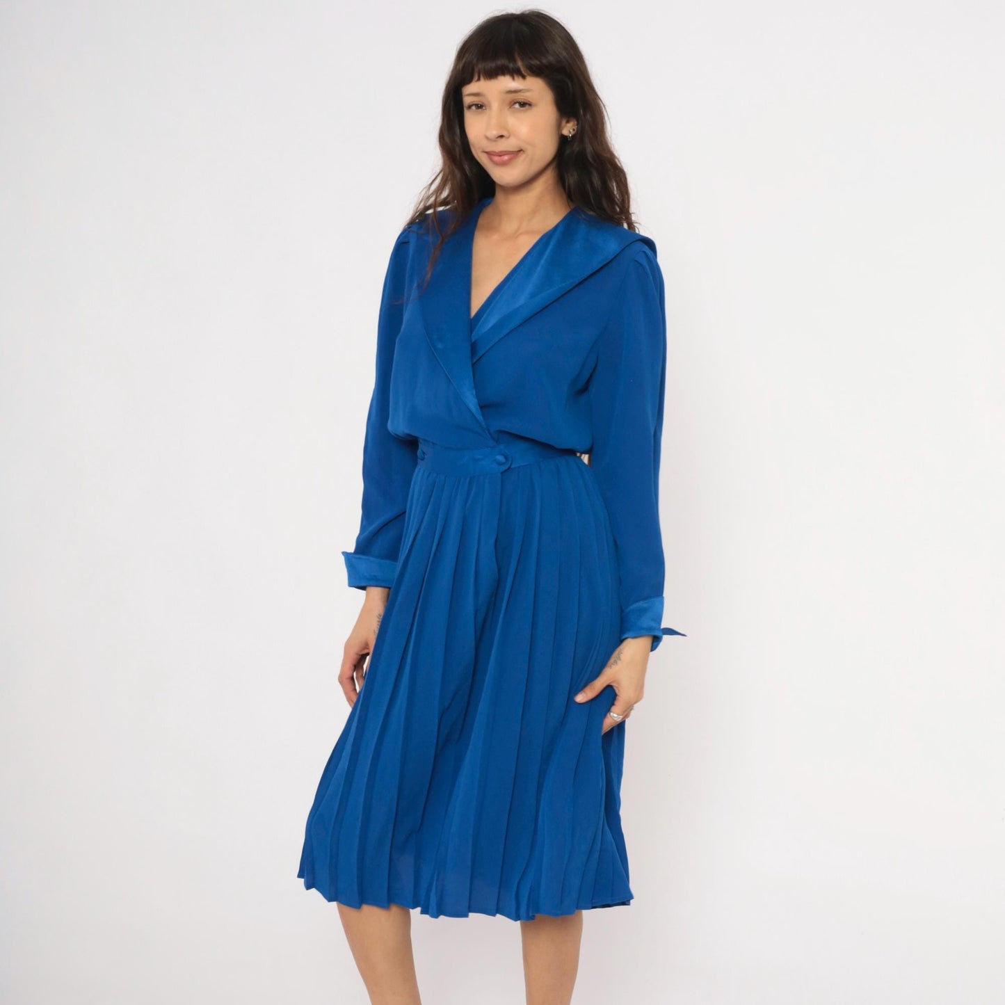 90s Petites for Maggy Cobalt Wrap Dress Puff Sleeve Pleated Knee-Length Medium