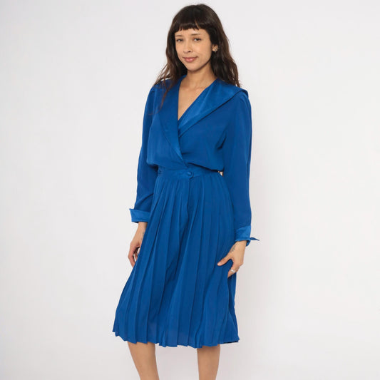 90s Petites for Maggy Cobalt Wrap Dress Puff Sleeve Pleated Knee-Length Medium