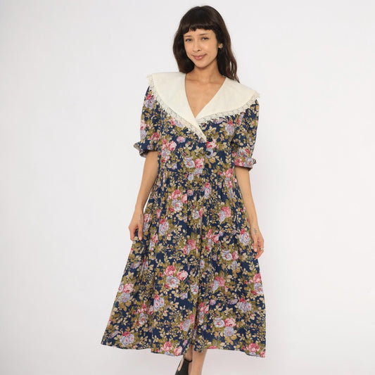 80s Tina Barri Floral Midi Dress Navy Rose Lace Collar Short Sleeve Extra Large