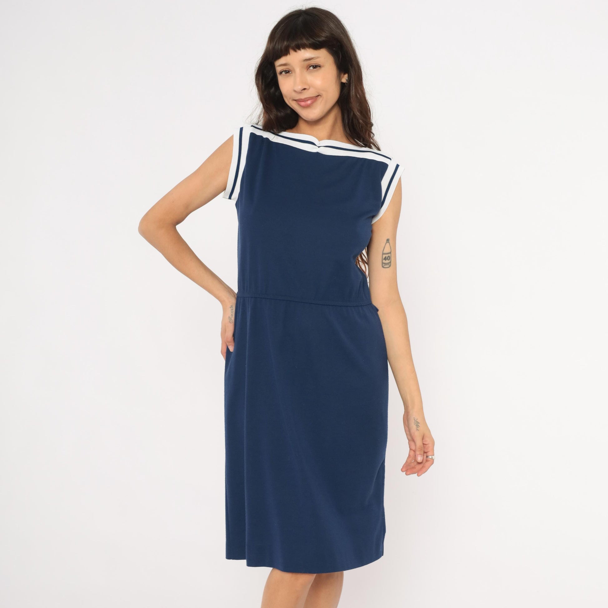 80s Navy Sailor Collar Dress Knee Length White Stripe Trim Cap Sleeve Large L