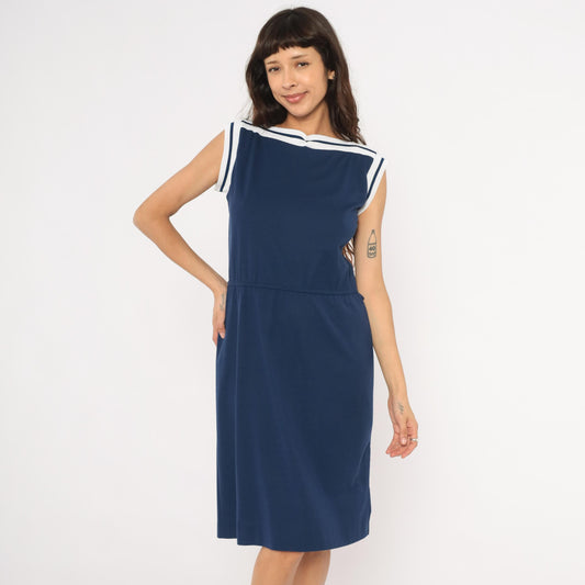 80s Navy Sailor Collar Dress Knee Length White Stripe Trim Cap Sleeve Large L