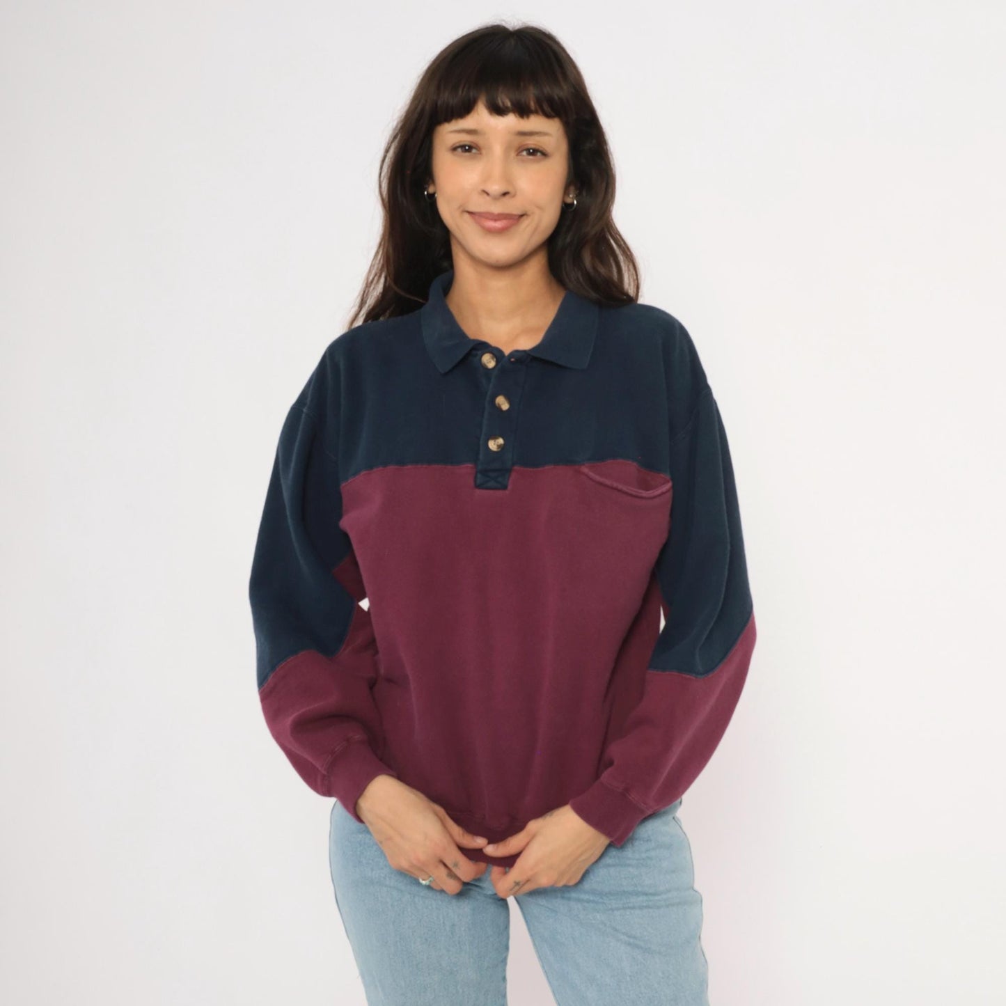 90s Werguard Color Block Polo Sweatshirt Navy Burgundy Cotton Medium M