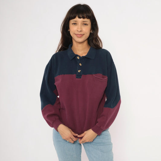 90s Werguard Color Block Polo Sweatshirt Navy Burgundy Cotton Medium M