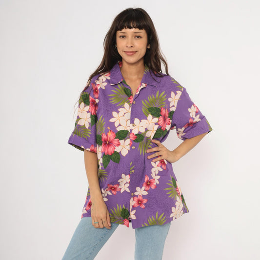 90s Purple Hawaiian Shirt Tropical Floral Hibiscus Plumeria Cotton Extra Large XL