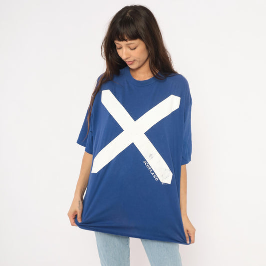 90s Scotland Saltire Flag Graphic Tee Jerzees Cobalt Blue Cotton Extra Large XL