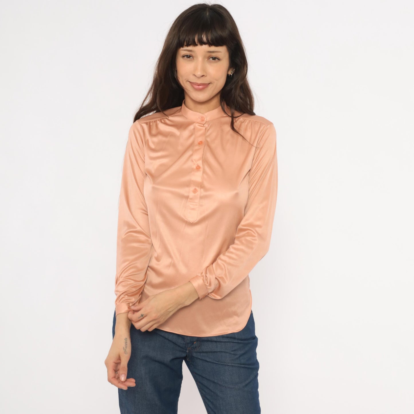 70s Spices Blush Pink Satin Blouse Mandarin Collar Long Sleeve Medium M
