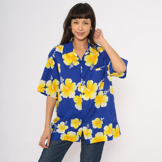 90s Hilo Hatties Hawaiian Hibiscus Shirt Cobalt Blue Yellow Camp Collar Extra Large XL