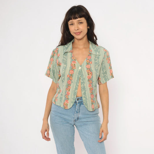 90s ICI Sage Green Striped Rose Vine Blouse V Neck Crop Top Large L
