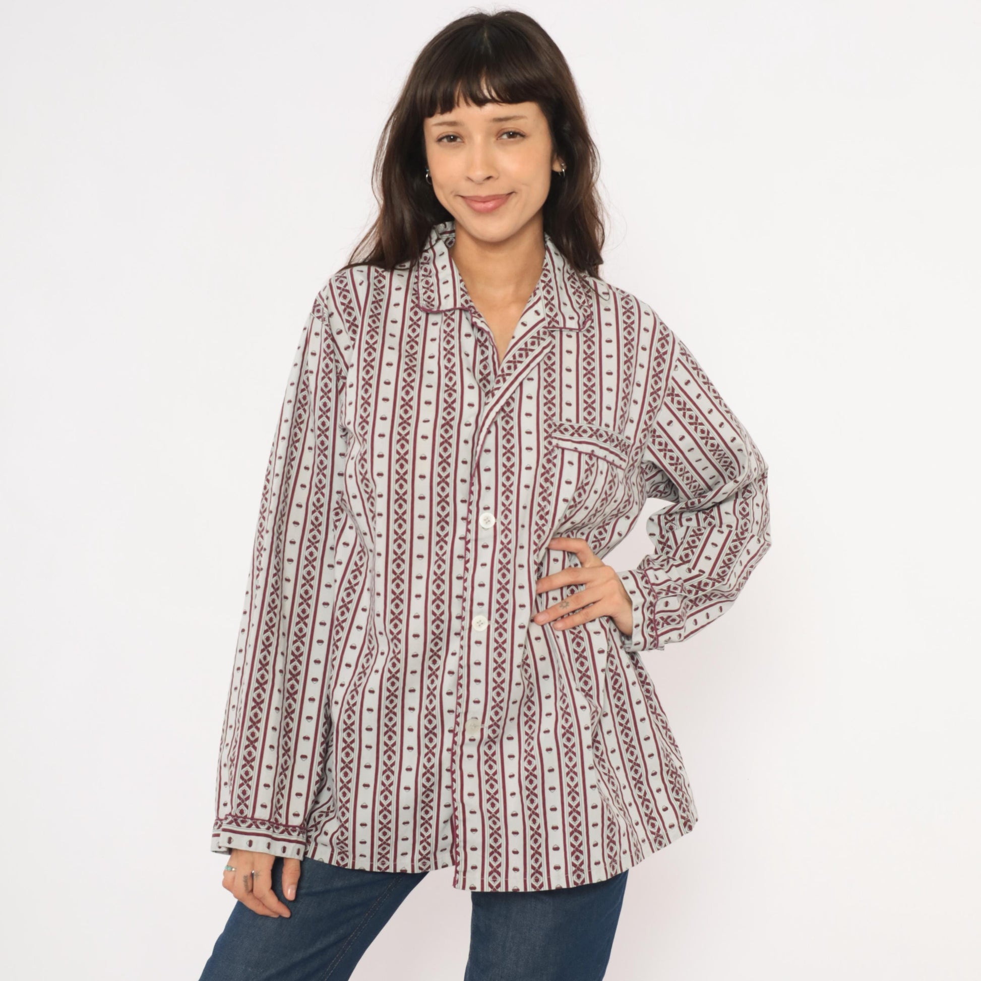 80s MTL Classics Pajama Shirt Geometric Stripe Burgundy Grey Notched Collar Large