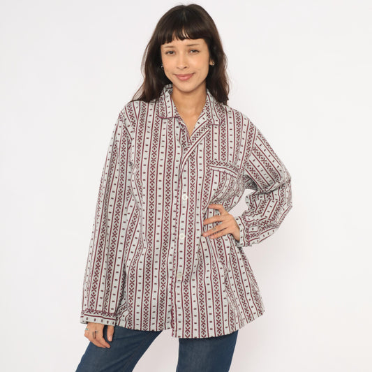 80s MTL Classics Pajama Shirt Geometric Stripe Burgundy Grey Notched Collar Large
