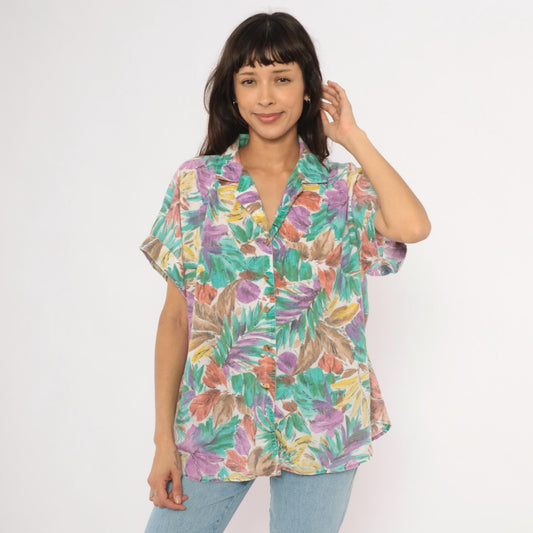 90s Cabrais Tropical Leaf Print Camp Collar Shirt Teal Purple Coral Plus Size XXL