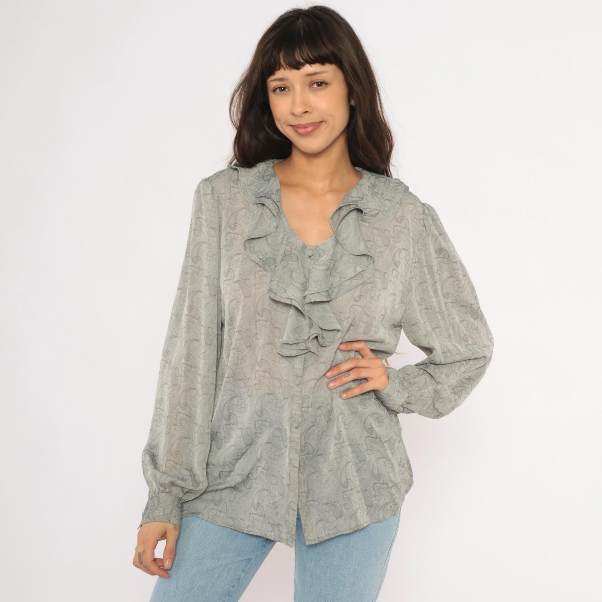 90s Christie & Jill Paisley Ruffle Blouse Grey Silver Button Front V Neck Large L