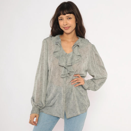90s Christie & Jill Paisley Ruffle Blouse Grey Silver Button Front V Neck Large L