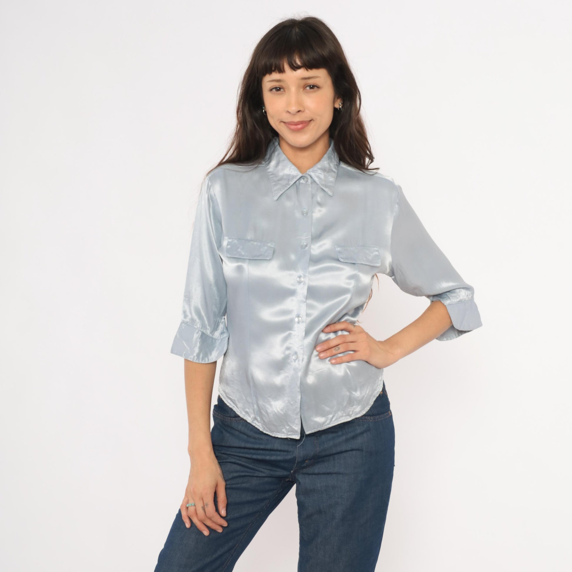 90s Younique Silver Satin Button Blouse Three Quarter Sleeve Small