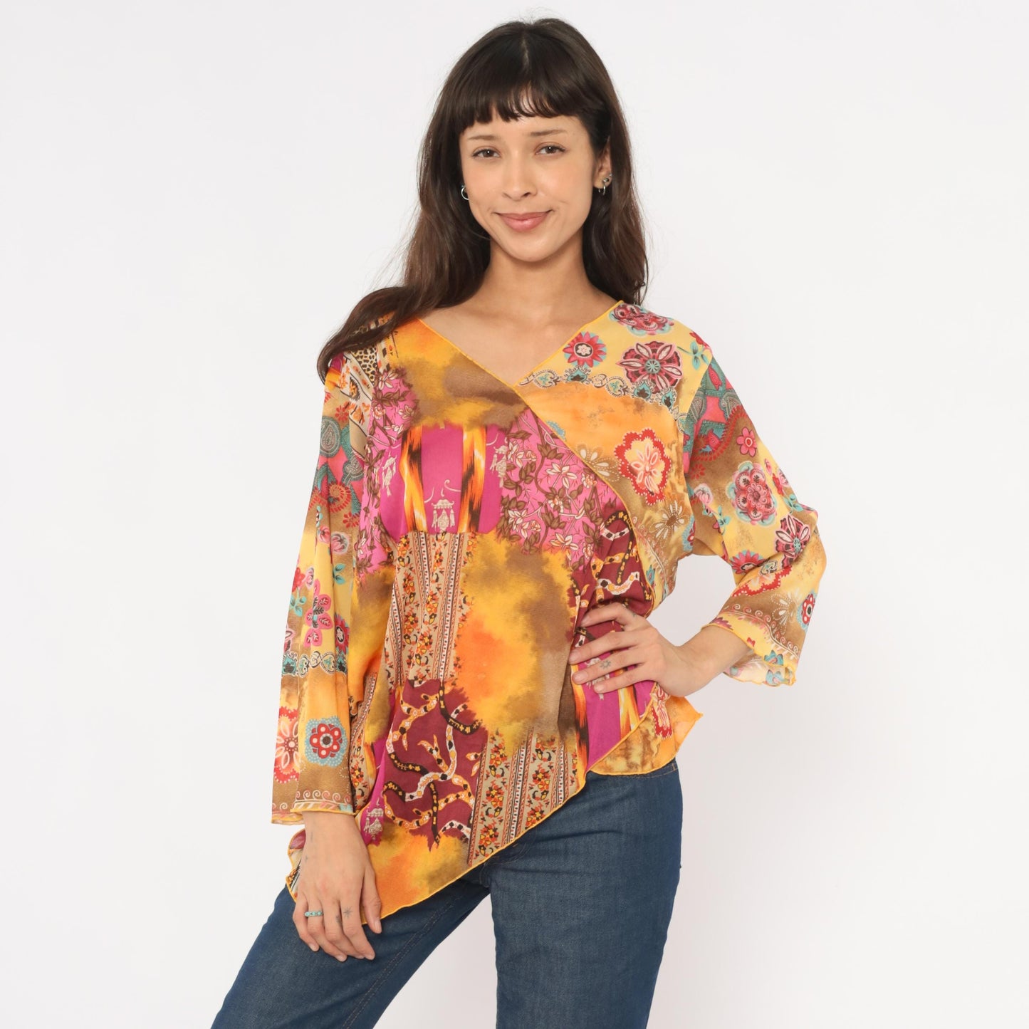 Y2K Studio Works Patchwork Blouse Paisley Floral Asymmetric Plus Size XXL
