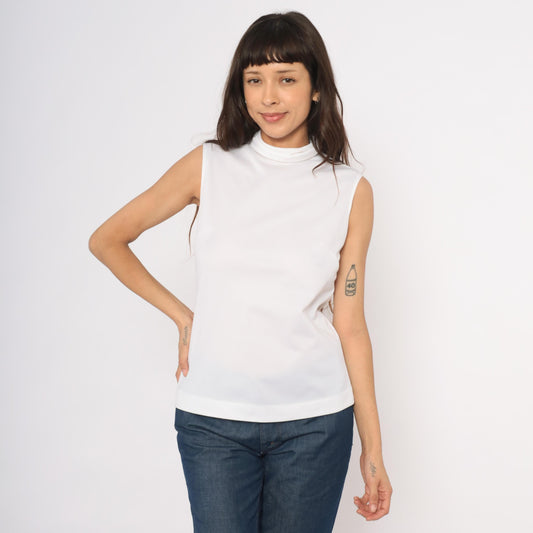 70s White Sleeveless Mock Neck Blouse Fitted Shell Cream Minimalist Medium M