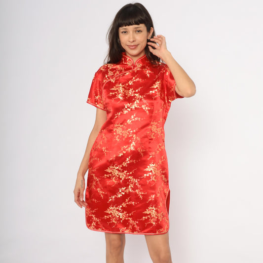 80s Xuan Tang Red Cheongsam Gold Cherry Blossom Qipao Plus Size XXL