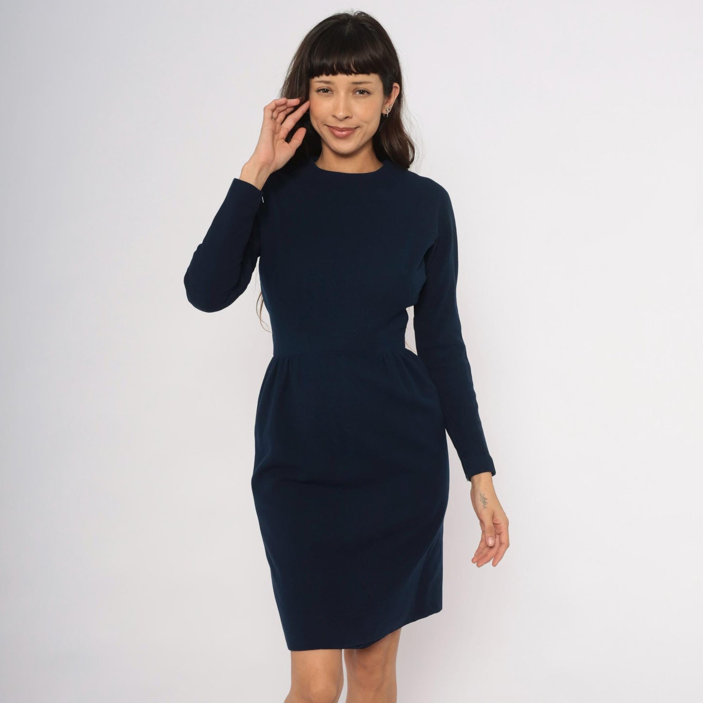 1950s Junior Sophisticates Navy Wool Dress Gathered Waist Knee Length Small