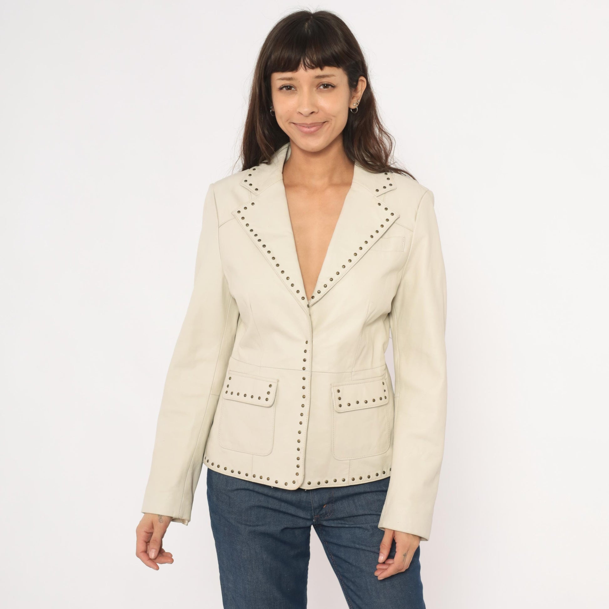 2000s Uniform John Paul Richard Studded Lamb Leather Blazer Cream Medium M