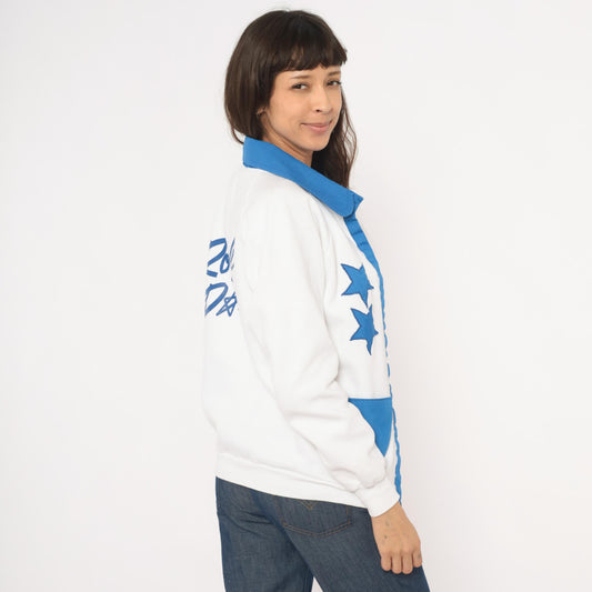90s Jerzees Royal Dance Star Patch Sweatshirt Jacket White Blue Collared Medium M