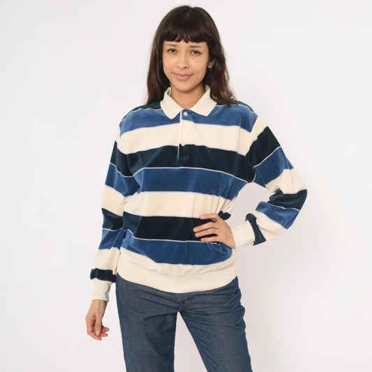 80s Damon Striped Velour Rugby Polo Cream Navy Collared Pullover Medium