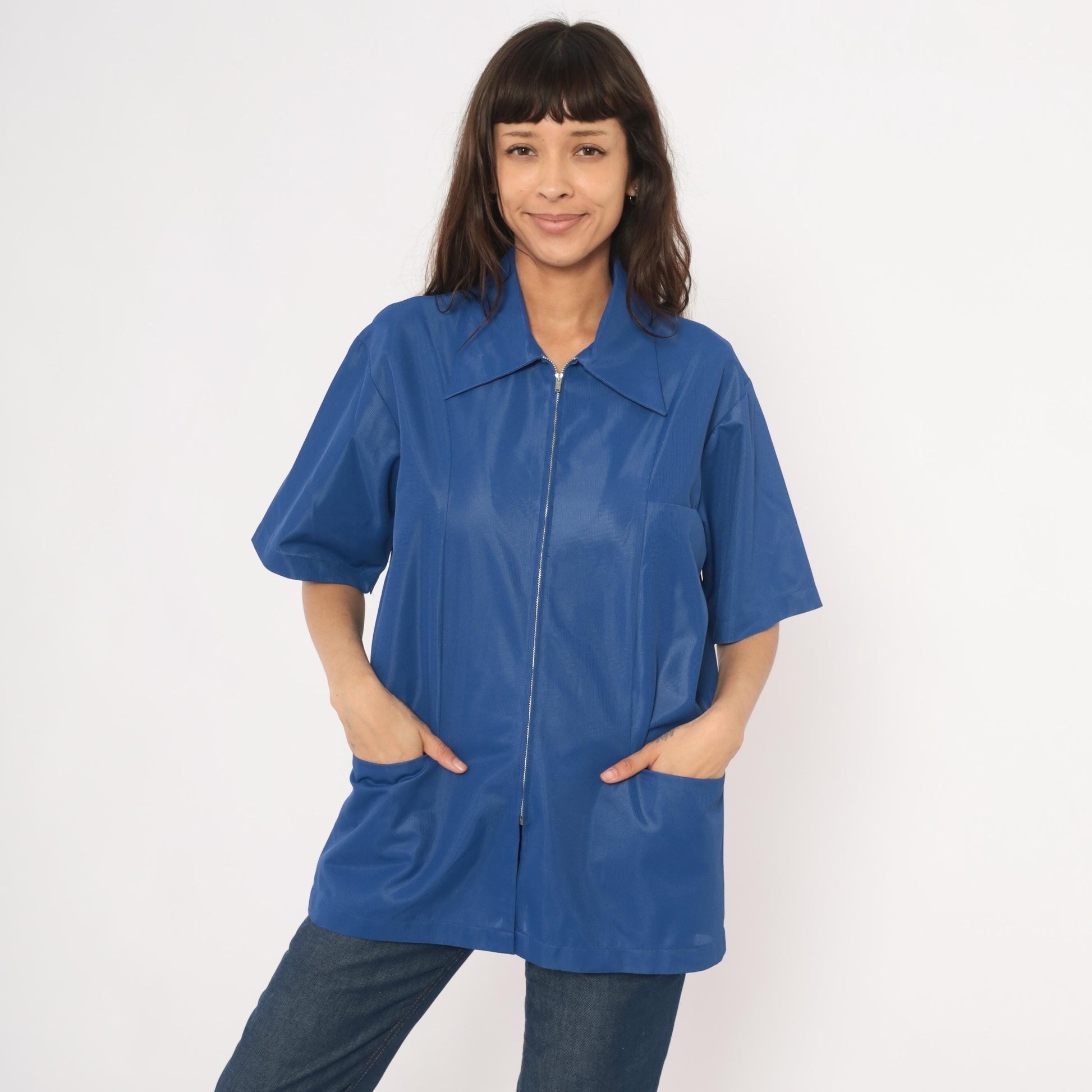 70s Sears Professional Apparel Cobalt Zip Jacket Short Sleeve Tunic Large