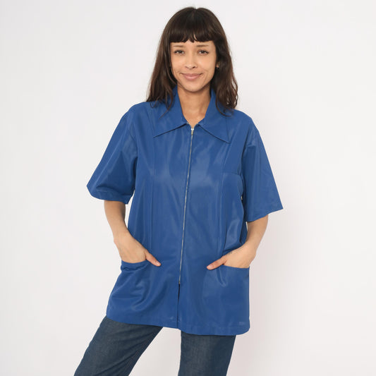 70s Sears Professional Apparel Cobalt Zip Jacket Short Sleeve Tunic Large