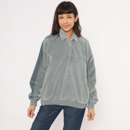 80s Damon Velour Polo Sweatshirt Grey-Blue Collared Pullover Medium M